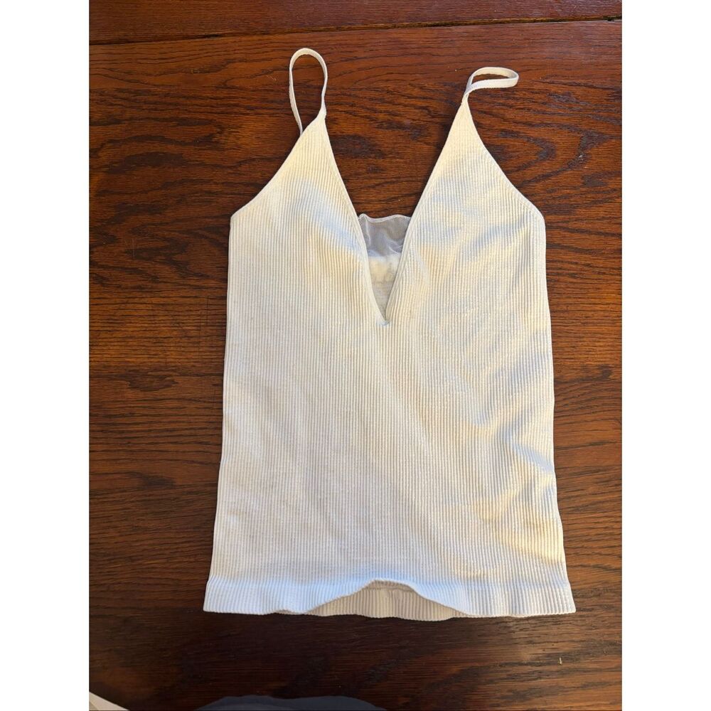 Intimately Free People Ribbed Mesh Detail Tank M/L White Stretchy V Neck - Picture 3 of 5